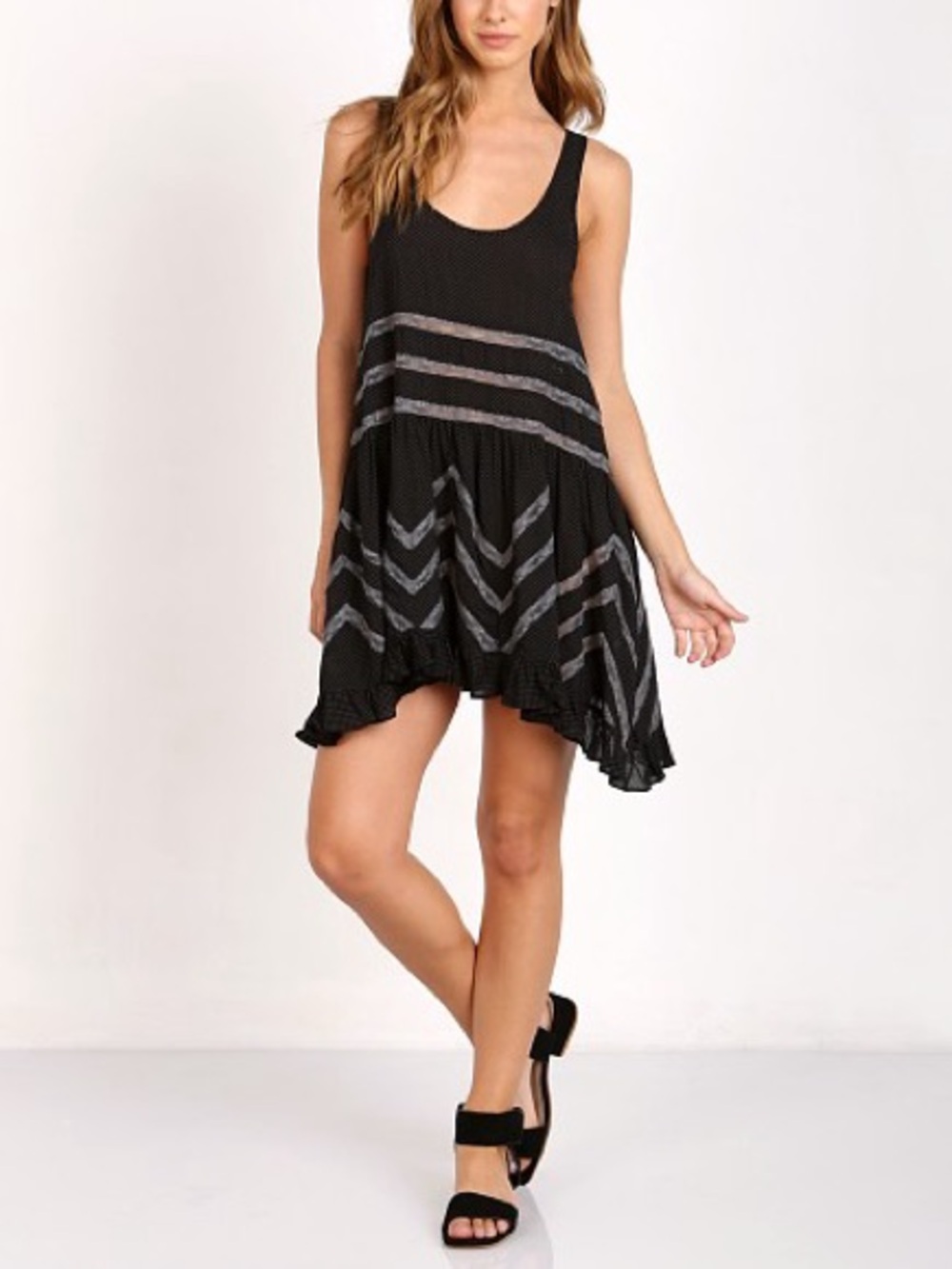 321. Free People Voile & Lace Trapeze Slip Black Dotted Tunic Mini Dress
